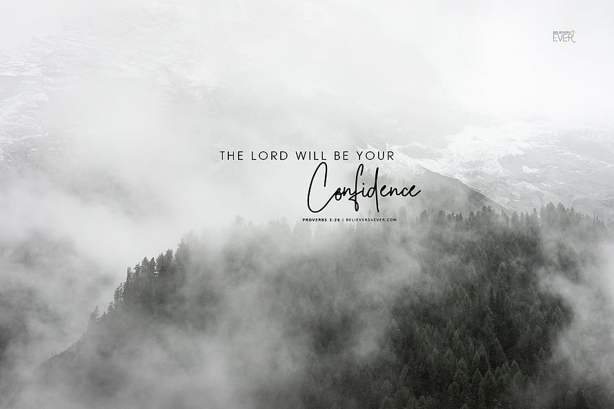 Misty Mountain Forest Landscape With Inspirational Bible Verse Proverbs 3:26 HD wallpaper