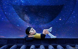 Nobita Nobi relaxing on a rooftop under a starry night sky with a giant eye in the background HD wallpaper