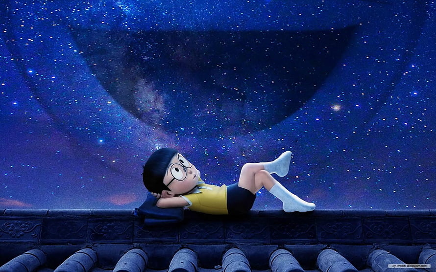 Nobita Nobi relaxing on a rooftop under a starry night sky with a giant eye in the background HD wallpaper