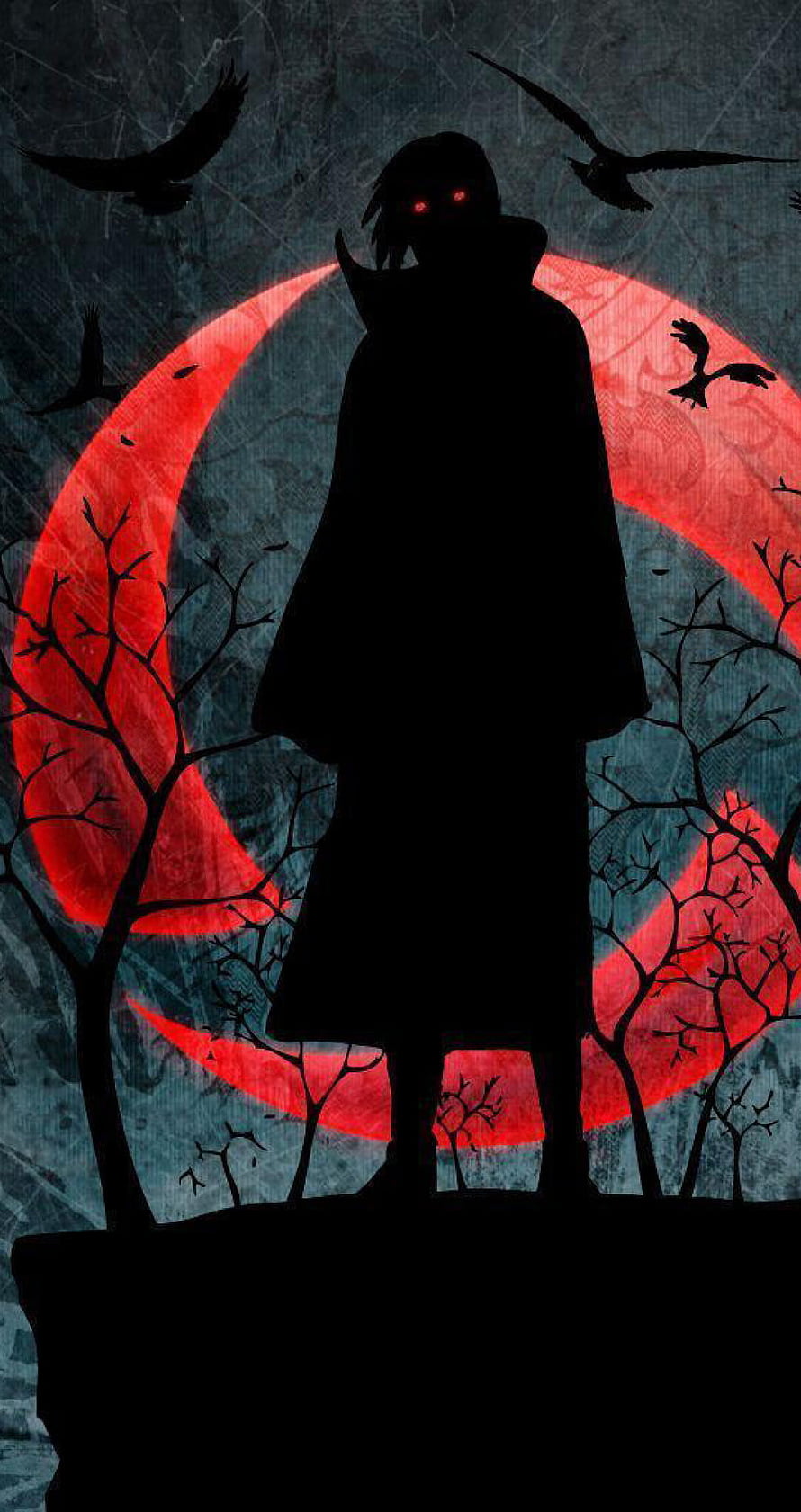 Silhouette of a cloaked figure with glowing red eyes standing before a massive red spiral symbol, surrounded by crows and barren trees in a dark anime style HD phone wallpaper