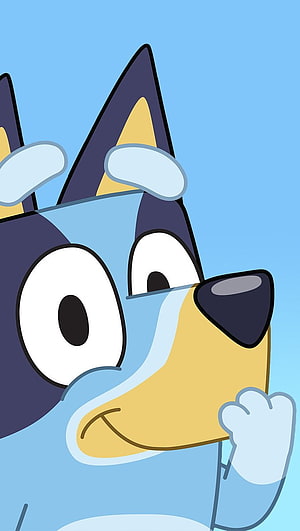 Bluey Cartoon Character Close-Up with Surprised Expression and Blue Background HD phone wallpaper