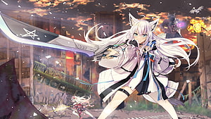 Nakiri Ayame wielding a massive blade in a ruined cityscape at sunset HD wallpaper