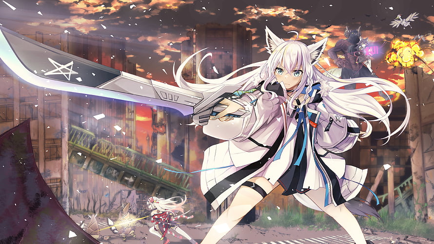 Nakiri Ayame wielding a massive blade in a ruined cityscape at sunset HD wallpaper