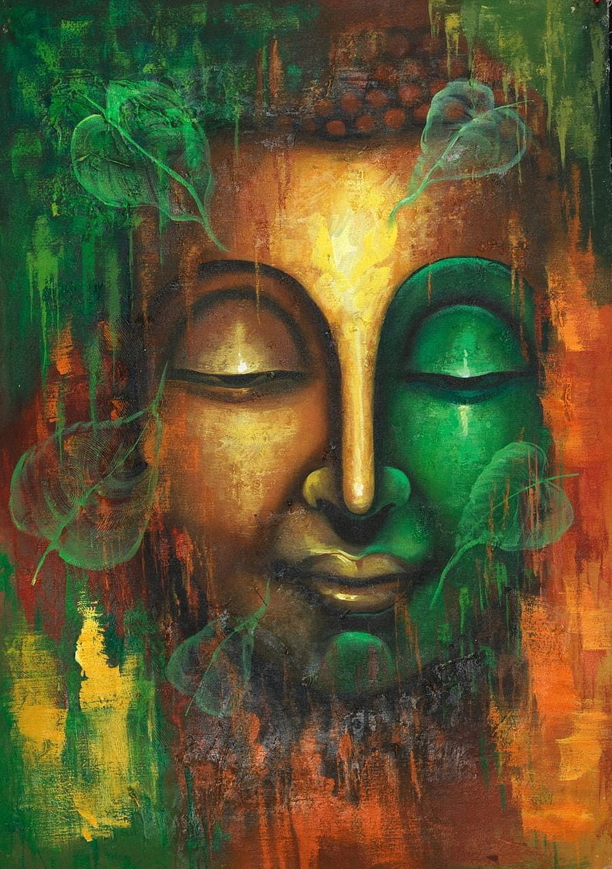 Abstract Buddha Face Painting with Floating Leaves and Warm Earth Tones HD phone wallpaper