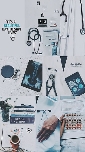 Medical Student Aesthetic Collage with Stethoscope, Anatomy Books, and Lab Samples HD phone wallpaper