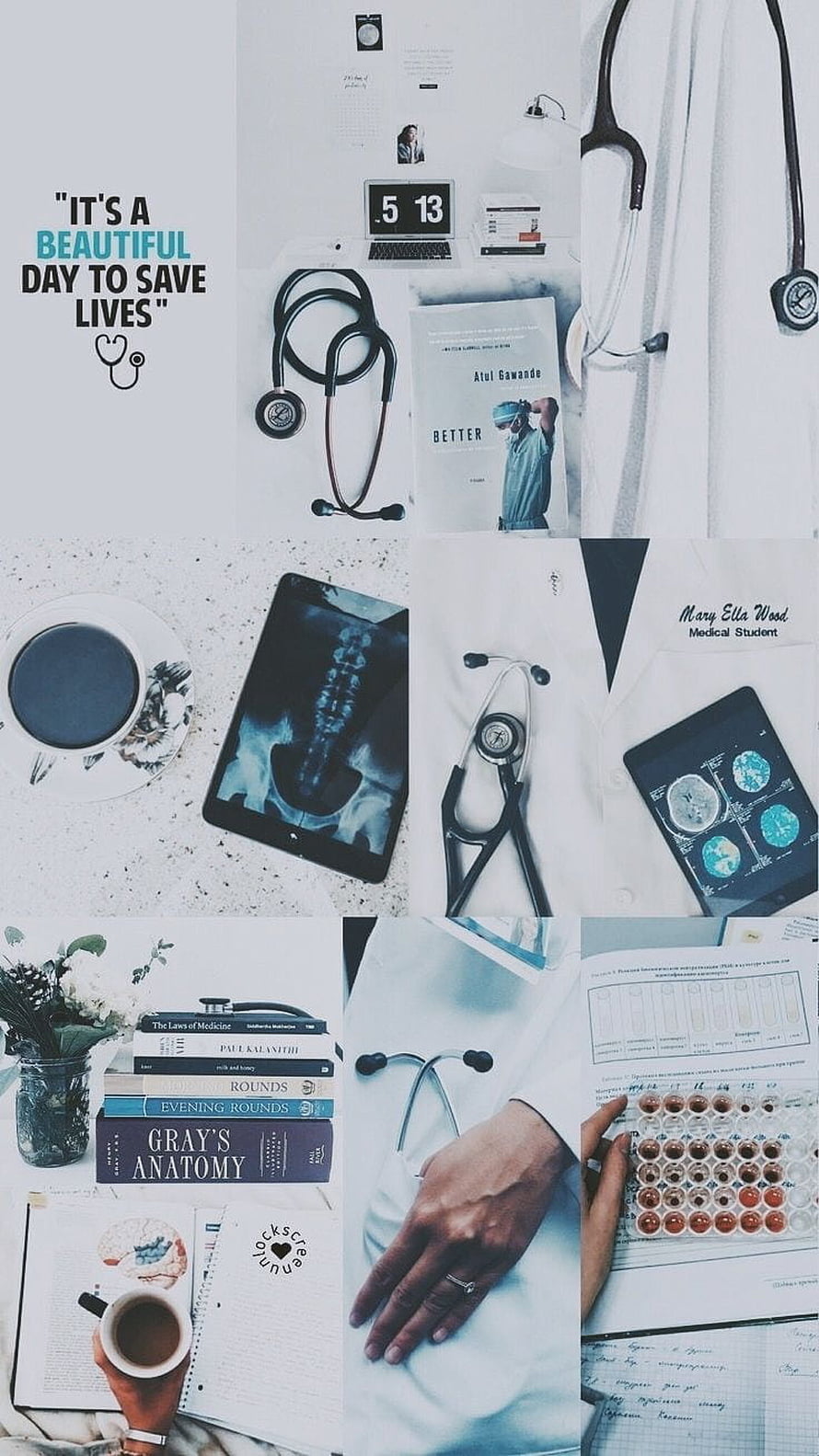 Medical Student Aesthetic Collage with Stethoscope, Anatomy Books, and Lab Samples HD phone wallpaper