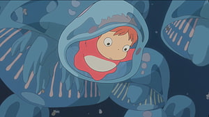 Ponyo on the Cliff by the Sea: Red-Haired Girl in Blue Ocean Bubble HD wallpaper