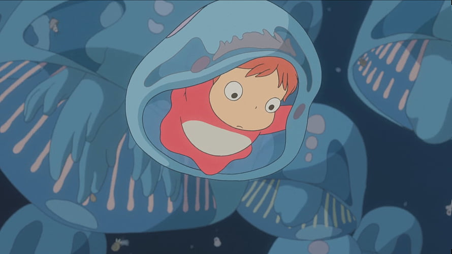 Ponyo on the Cliff by the Sea: Red-Haired Girl in Blue Ocean Bubble HD wallpaper
