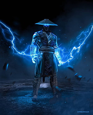 Raiden from Mortal Kombat 11 Channeling Blue Lightning in a Dark Stormy Arena HD phone wallpaper