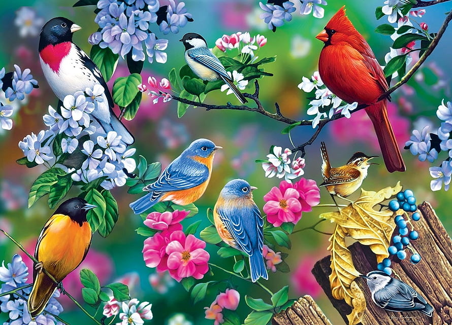 Vibrant Spring Garden Scene Featuring Colorful Songbirds and Blooming Flowers HD wallpaper