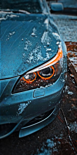 Close-up of a BMW E60 M5 headlight with glowing orange rings on a frosty winter morning HD phone wallpaper