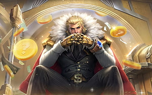 Tigreal from Mobile Legends Bang Bang in a luxurious suit surrounded by floating gold coins and cash HD wallpaper