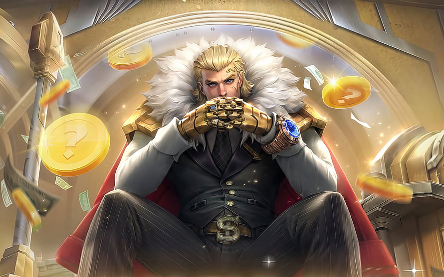 Tigreal from Mobile Legends Bang Bang in a luxurious suit surrounded by floating gold coins and cash HD wallpaper