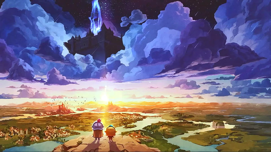 Two Characters Gazing at a Floating Castle in the Clouds at Sunset HD wallpaper
