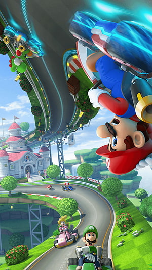 Mario Kart Tour Racing Scene Featuring Mario, Luigi, Peach, and Bowser on a Vibrant Circuit HD phone wallpaper