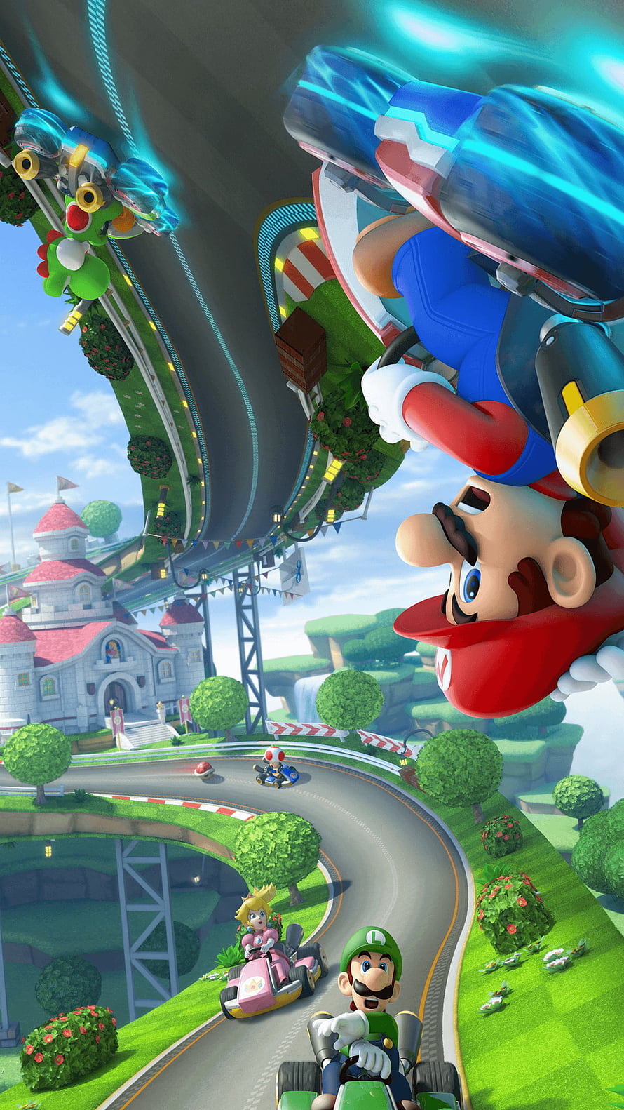 Mario Kart Tour Racing Scene Featuring Mario, Luigi, Peach, and Bowser on a Vibrant Circuit HD phone wallpaper