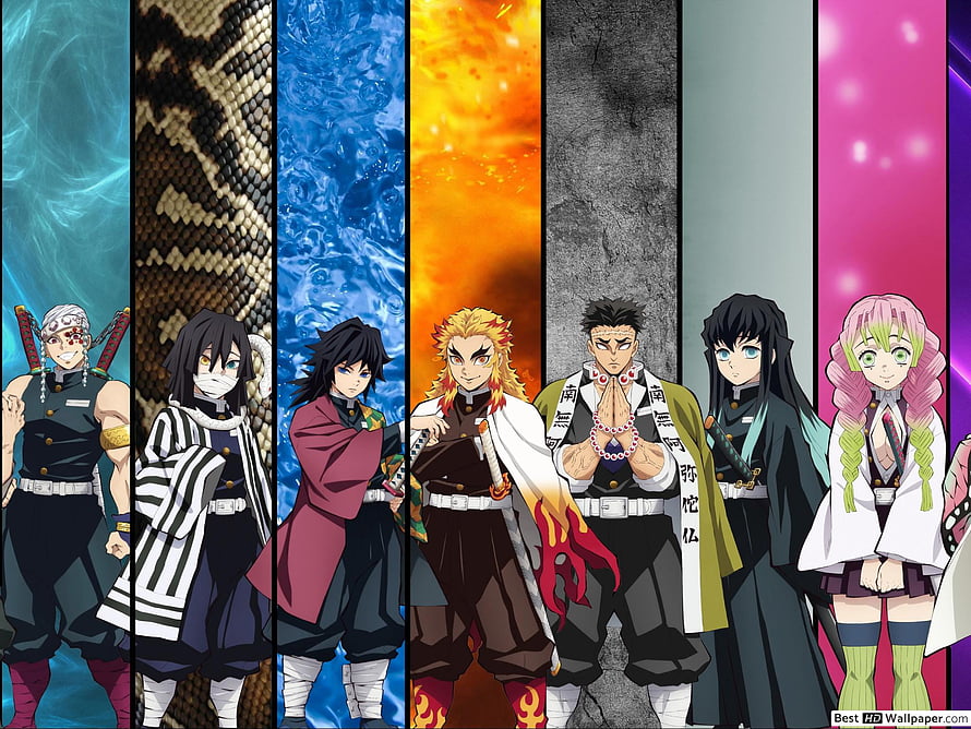 Demon Slayer Hashira Pillars Group Portrait with Elemental Breathing Backgrounds HD wallpaper
