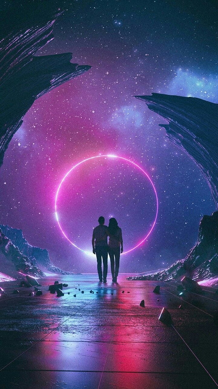 Couple Silhouettes Gazing at a Glowing Cosmic Ring in a Neon Sci-Fi Landscape HD phone wallpaper