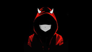 Mysterious Hooded Figure with Red Devil Horns and White Mask on Black Background HD wallpaper
