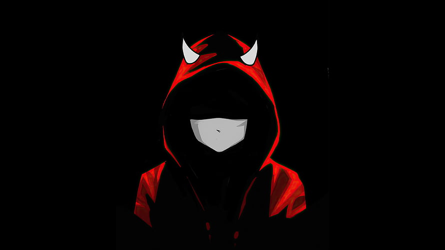 Mysterious Hooded Figure with Red Devil Horns and White Mask on Black Background HD wallpaper