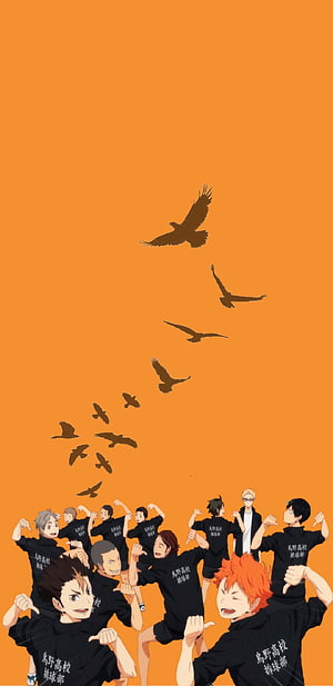 Haikyuu Karasuno High School Volleyball Team Group Photo with Crows Flying Orange Background HD phone wallpaper