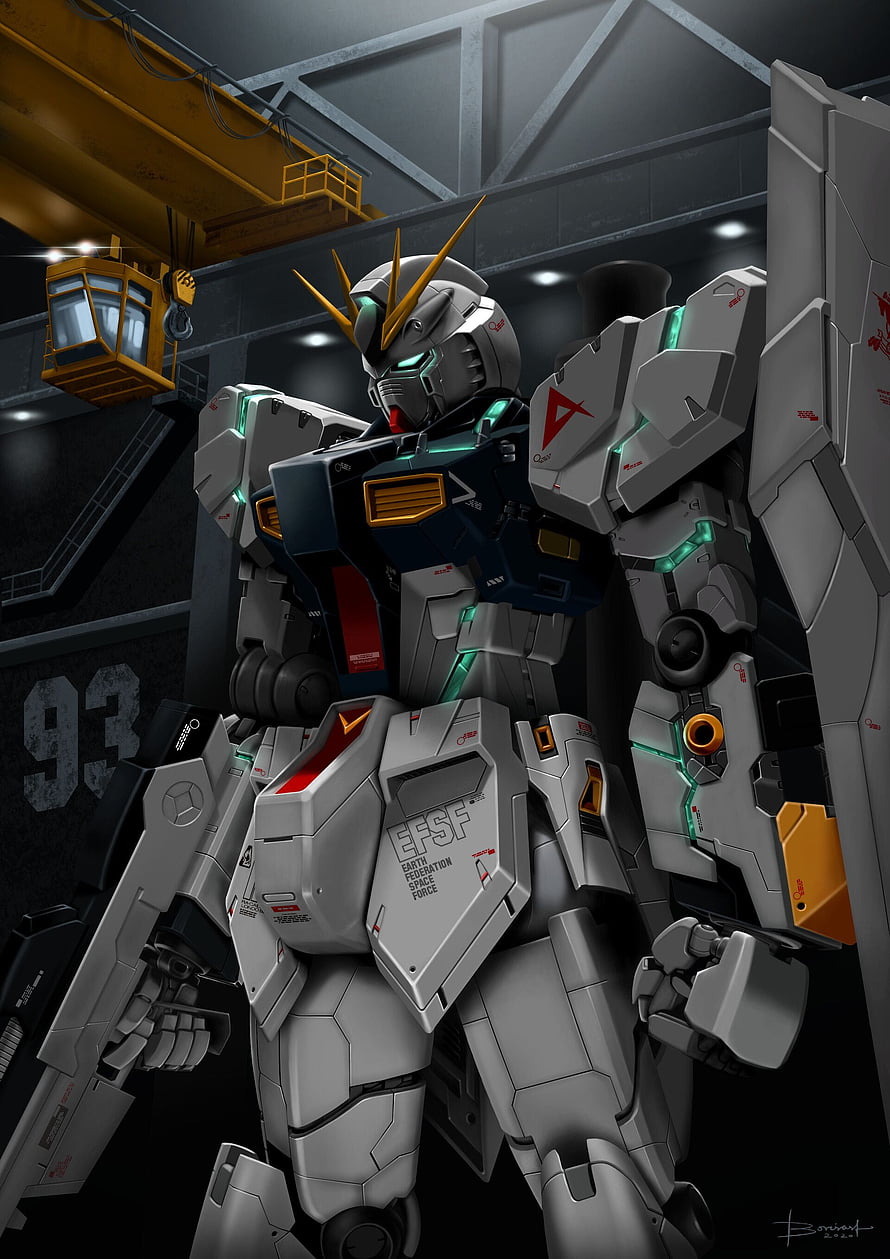 Nu Gundam Mobile Suit in Industrial Hangar with EFSF Markings and Green Optics HD phone wallpaper