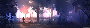 Oriental Fantasy Forest Scene with Silhouetted Wanderer and Misty Twilight Atmosphere HD wallpaper