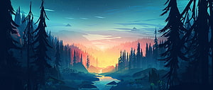 Serene Digital Art Forest Landscape With Sunset River And Pine Trees HD wallpaper
