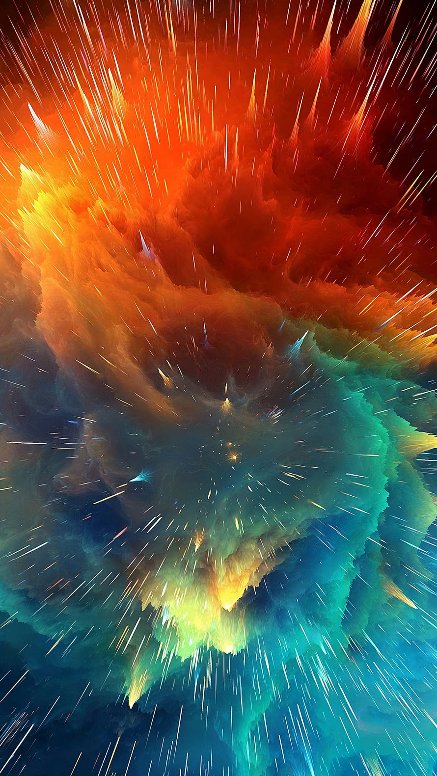 Vibrant Cosmic Explosion with Radiant Streaks and Swirling Nebula Colors HD phone wallpaper