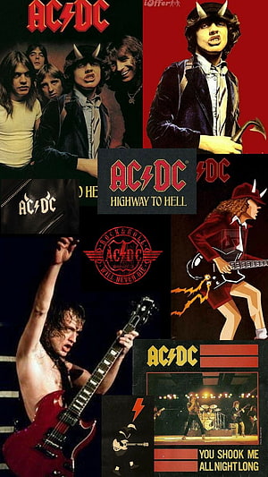 AC/DC Rock Poster Collage Featuring Highway to Hell Album Art and Live Performance Photos HD phone wallpaper