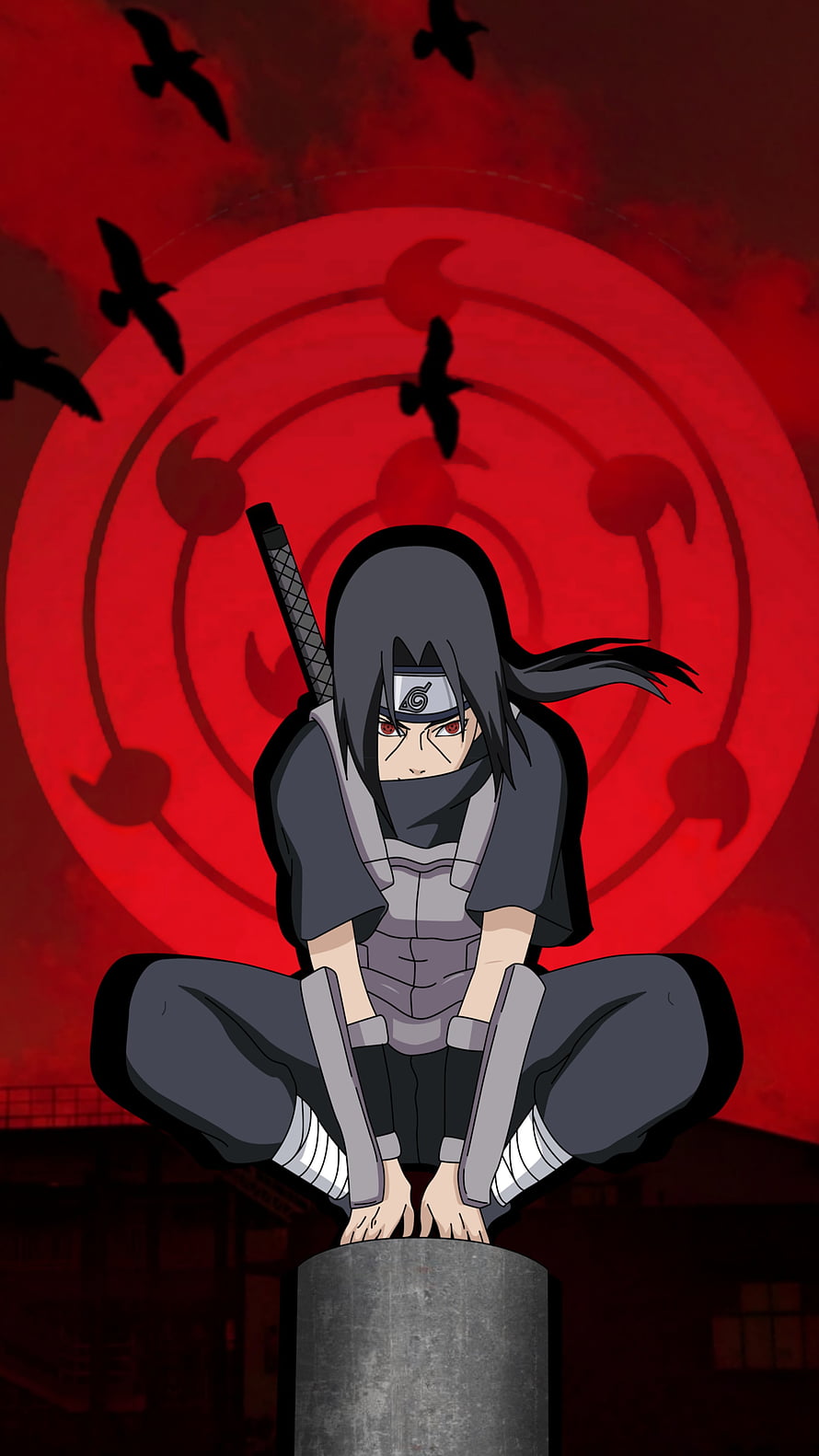 Itachi Uchiha Sitting on Post with Sharingan and Red Moon Background Anime Wallpaper HD phone wallpaper