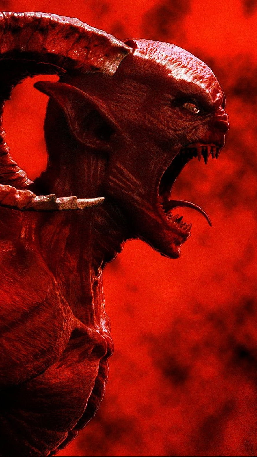 Fierce Demon King Profile with Horns and Fangs Against Fiery Red Background HD phone wallpaper