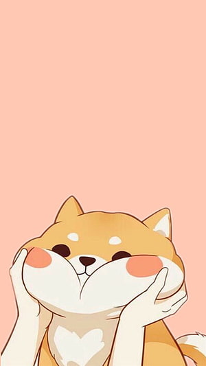 Cute Shiba Inu Cartoon with Blushing Cheeks and Heart Pattern on Soft Pink Background HD phone wallpaper