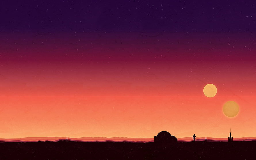 Star Wars Vector Art by Max Melzer: Silhouetted Desert Landscape with Twin Suns at Sunset HD wallpaper