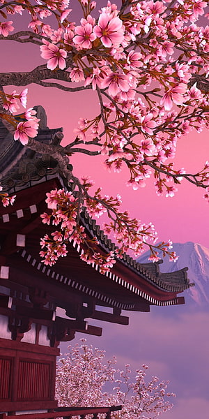 Japanese Temple and Cherry Blossoms with Mount Fuji in Pastel Pink Sky HD phone wallpaper