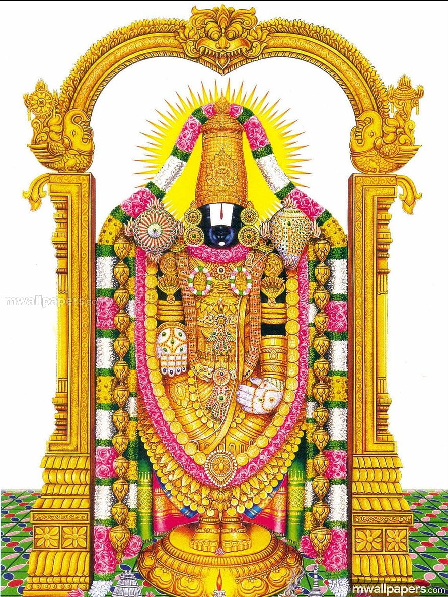 Lord Venkateswara Temple Deity Adorned in Gold and Floral Garlands HD phone wallpaper