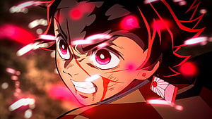 Tanjiro Kamado Demon Slayer Anime Character Red Eyes Intense Battle Scene Wallpaper HD wallpaper