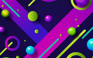 Vibrant 3D spheres and geometric shapes on a purple abstract background HD wallpaper