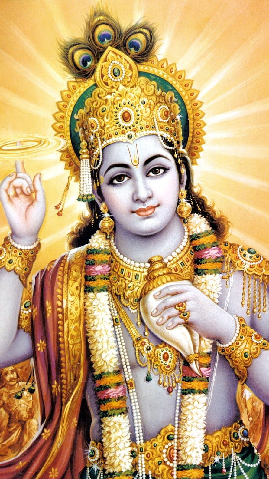 Lord Krishna Divine Portrait With Peacock Crown And Conch Shell HD phone wallpaper