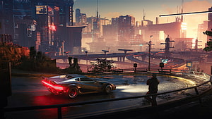 Cyberpunk 2077 Sunset Cityscape with Futuristic Sports Car and Silhouette HD wallpaper