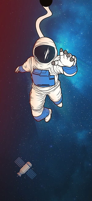 Illustrated Astronaut Floating in Deep Space with Satellite and Nebula Background HD phone wallpaper