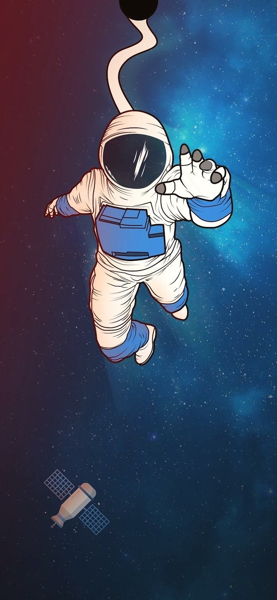 Illustrated Astronaut Floating in Deep Space with Satellite and Nebula Background HD phone wallpaper
