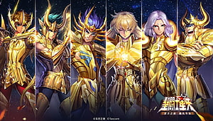 Saint Seiya Gold Saints in Golden Armor Against Starry Night Sky HD wallpaper