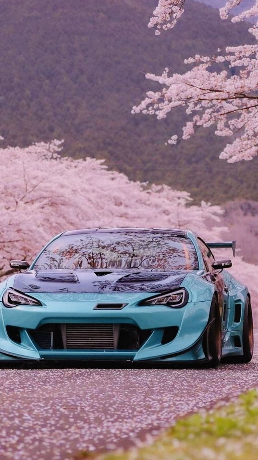Turquoise Subaru BRZ Widebody with Cherry Blossoms HD phone wallpaper