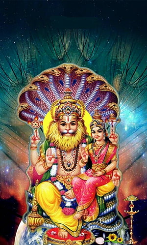 Lakshmi Narasimha Swamy Divine Hindu Deity Artwork With Serpent Canopy And Cosmic Background HD phone wallpaper
