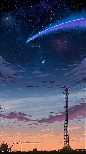 Anime Style Night Sky With Shooting Star And Communication Tower HD phone wallpaper