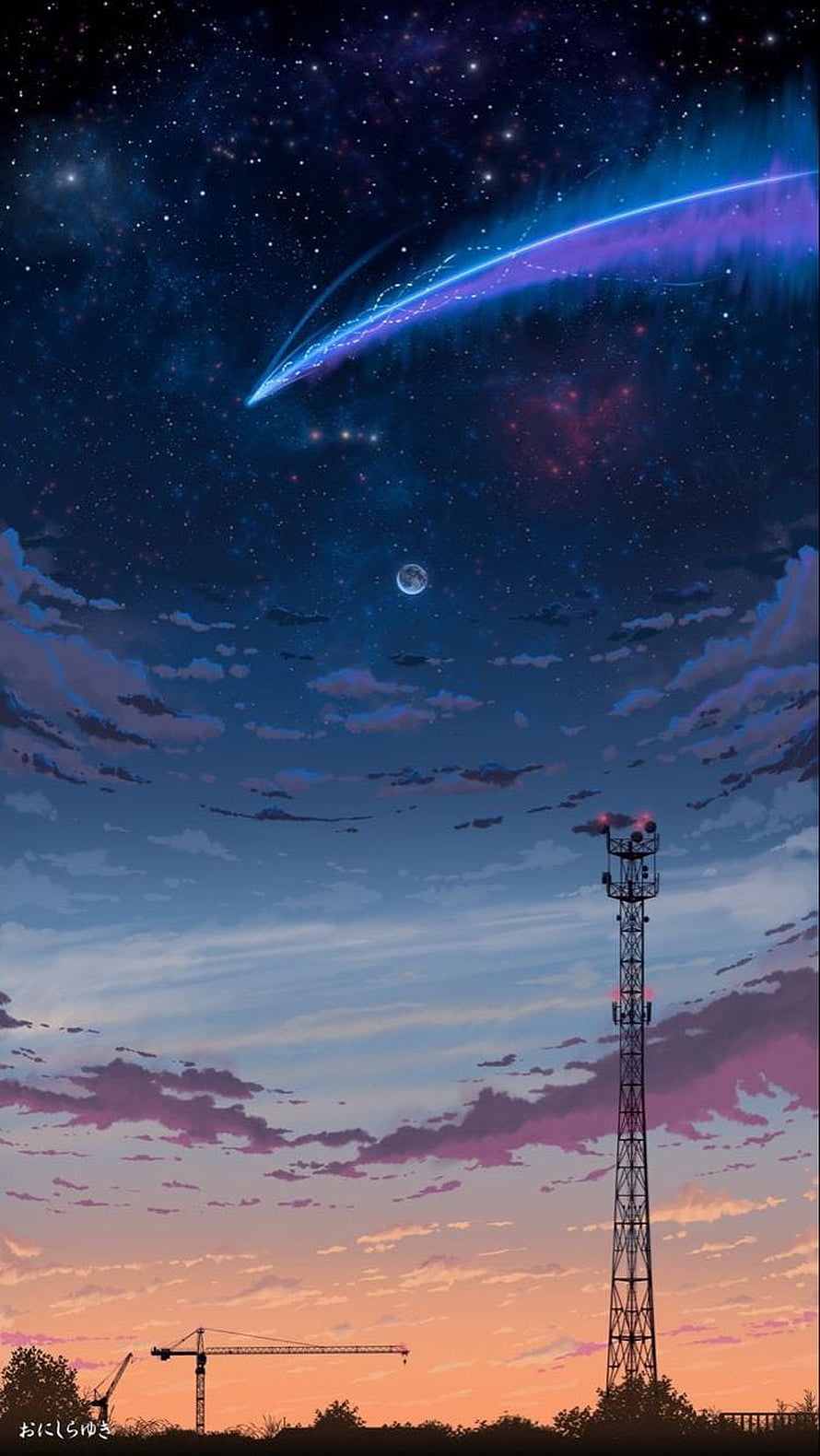 Anime Style Night Sky With Shooting Star And Communication Tower HD phone wallpaper