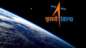 ISRO Logo Over Earth Horizon With Crescent Moon In Space HD wallpaper