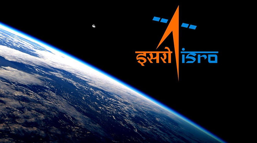ISRO Logo Over Earth Horizon With Crescent Moon In Space HD wallpaper