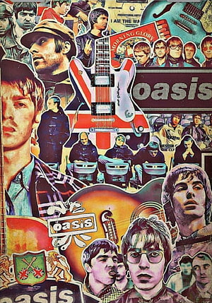 Oasis Band Collage Poster Featuring Noel and Liam Gallagher with Union Jack Guitar HD phone wallpaper